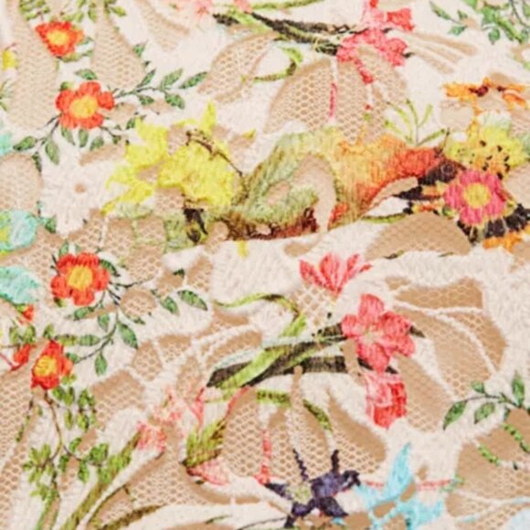 Monique Lhuillier Paradise Print Lace Cap-Sleeve Mini Dress Size 12 - Picture 5 of 6